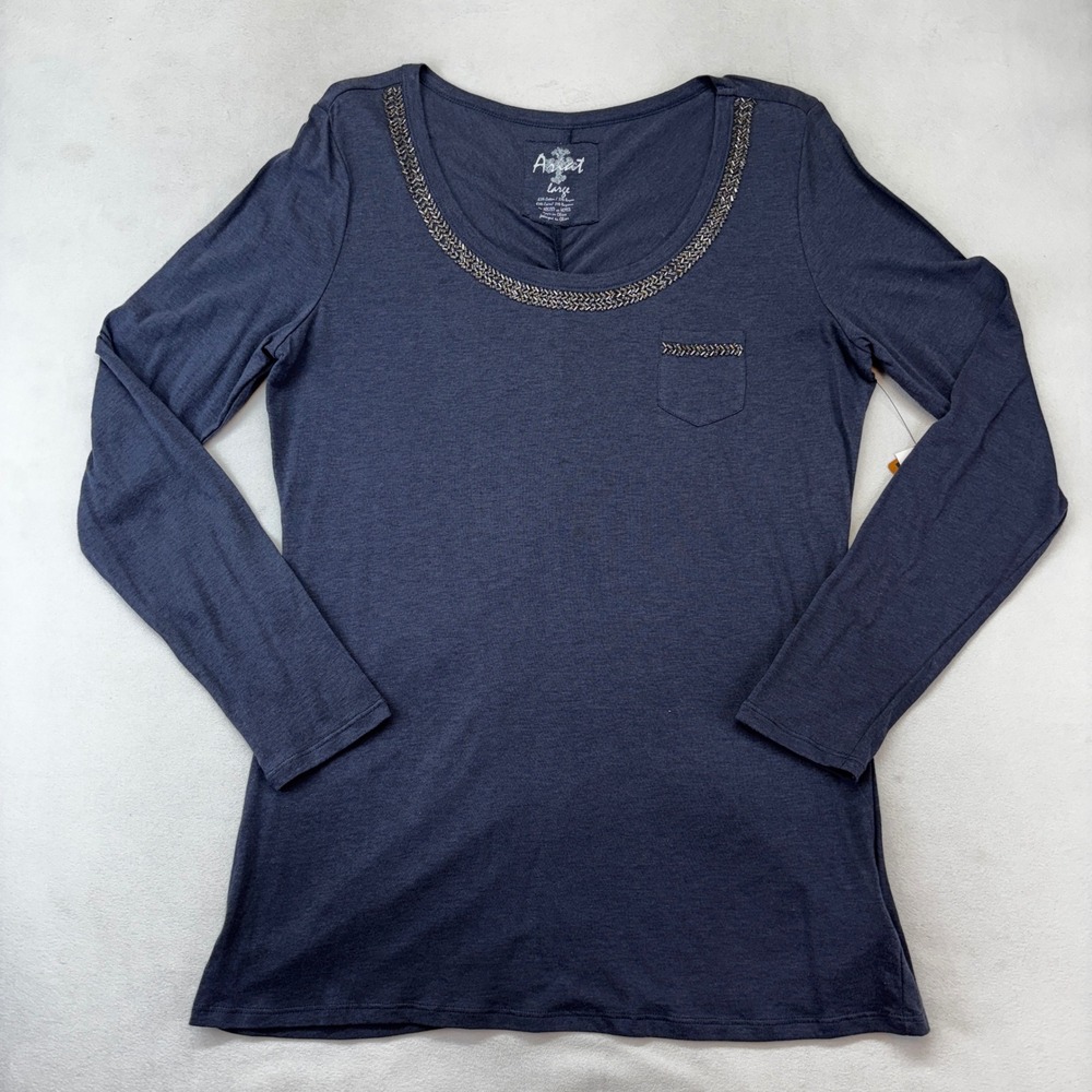 Ariat Beaded Top Women Large Twilight Navy Blue Long Sleeve Ruched CowGirl New